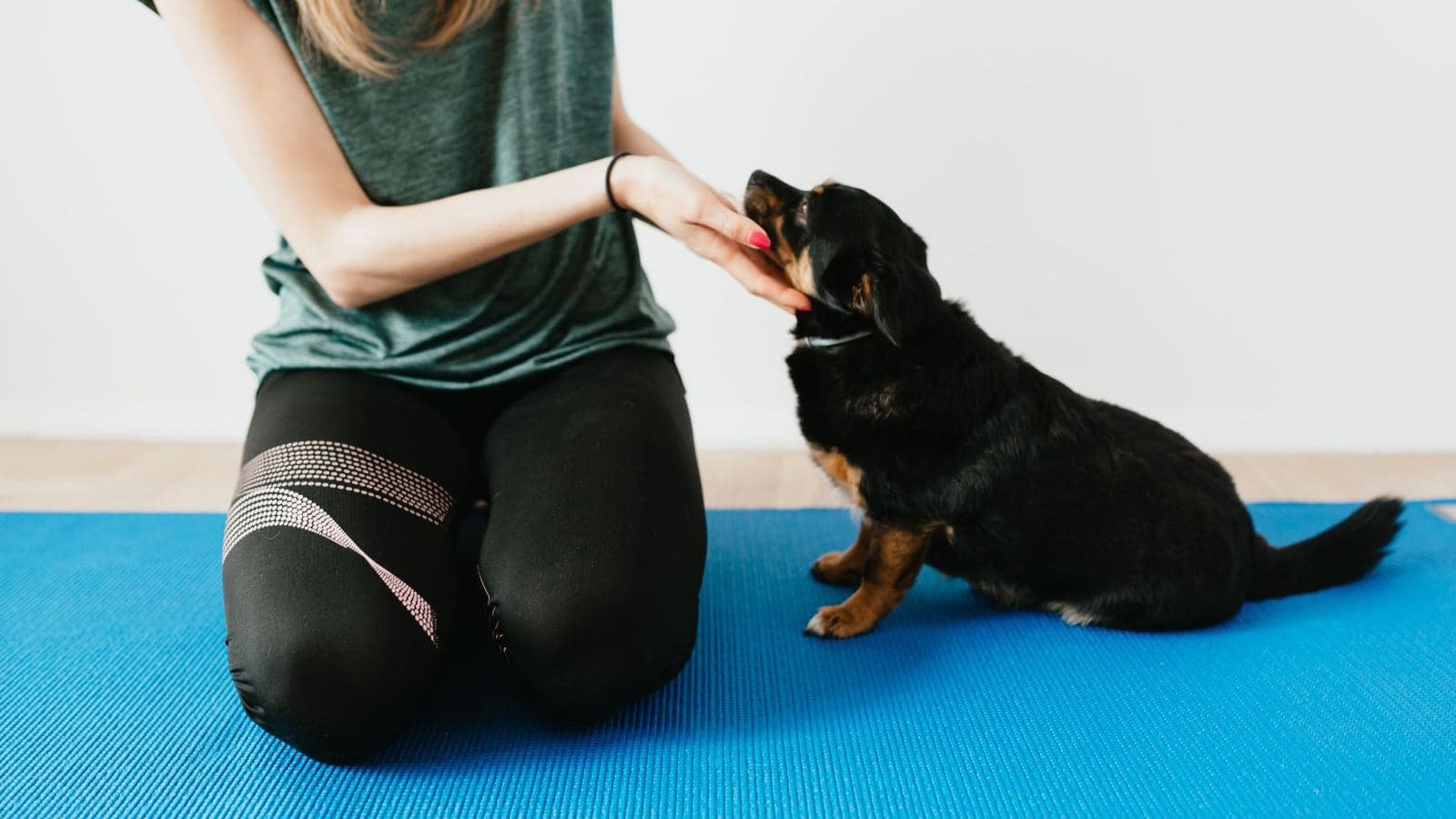 A woman kneeling on a yoga mat offering a treat to a black puppy - When to Hire a Professional Dog Trainer vs. DIY