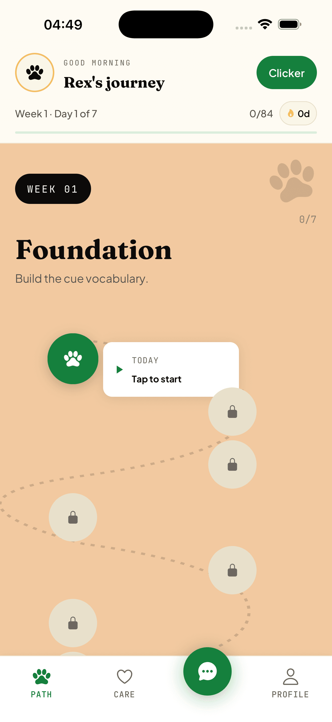 The TailorPup home screen — your dog's daily training journey