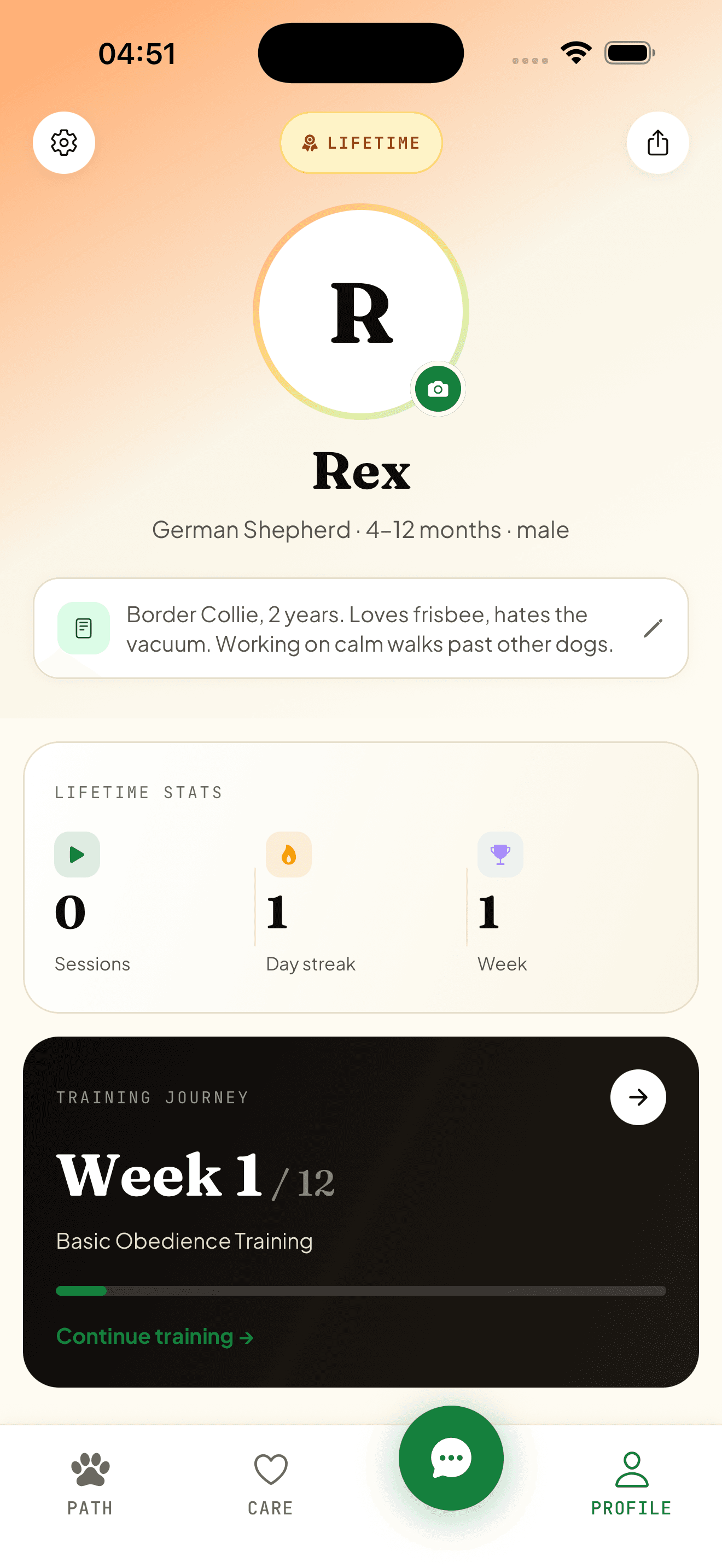Your dog's profile with lifetime stats