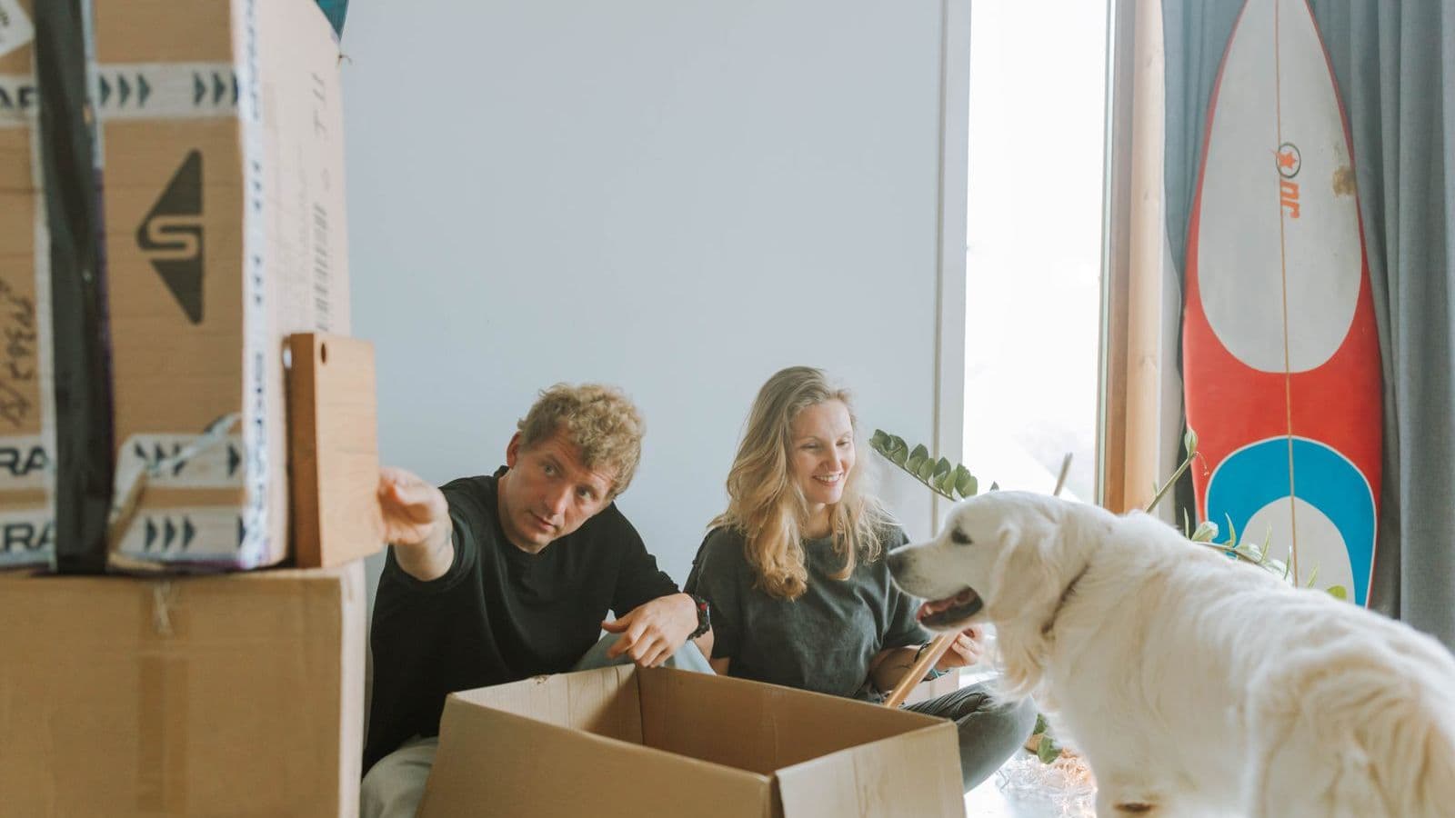 A couple with their dog among moving boxes