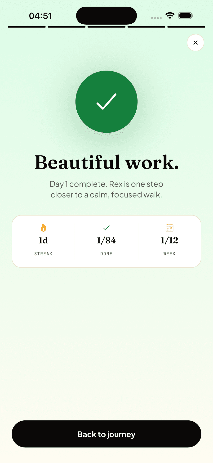 Session complete with streak and weekly progress